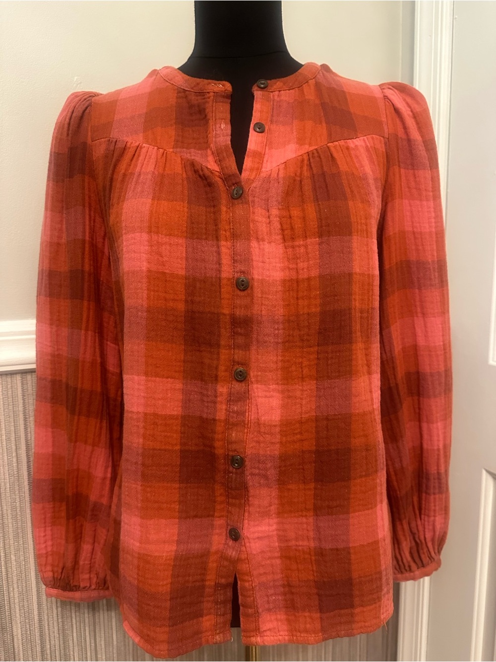Universal Thread Plaid Balloon Sleeve Button Front Blouse XS Rust Boho Cotton